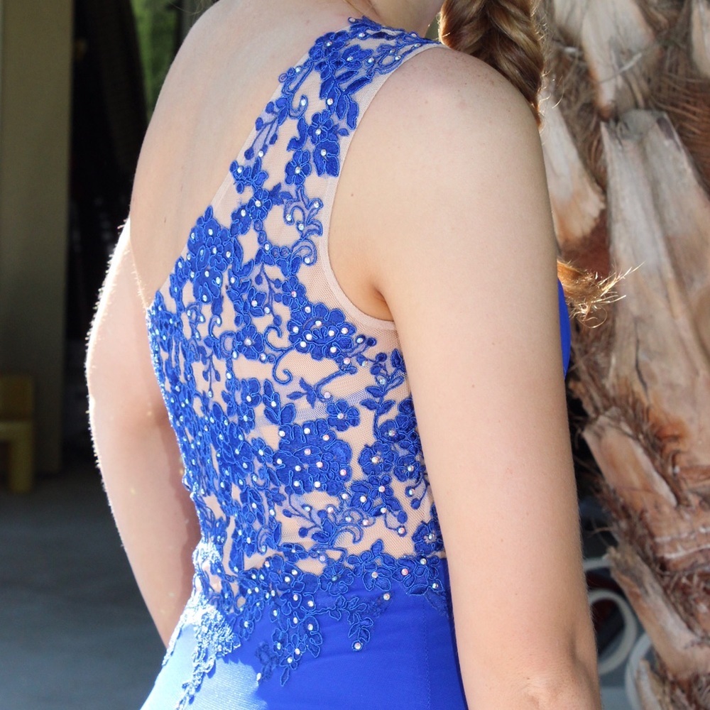 Blue Lacey Prom Dress one shoulder